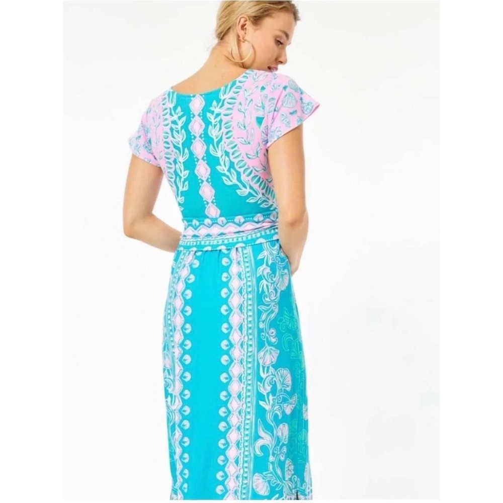 Lilly Pulitzer Esmarella Maxi Dress Large Pink Blue Shell Print Faux Wrap Boho - Picture 13 of 16